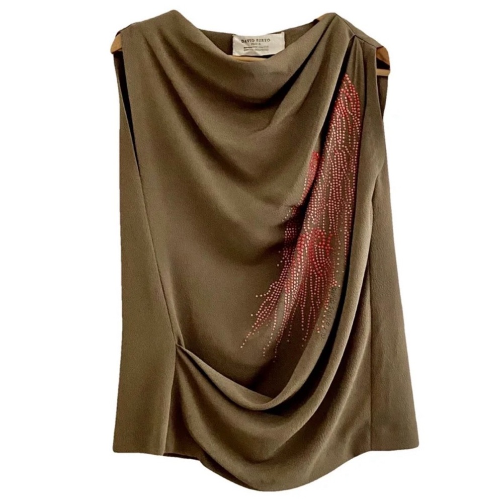 Elegant Olive Draped Top with Red Accents